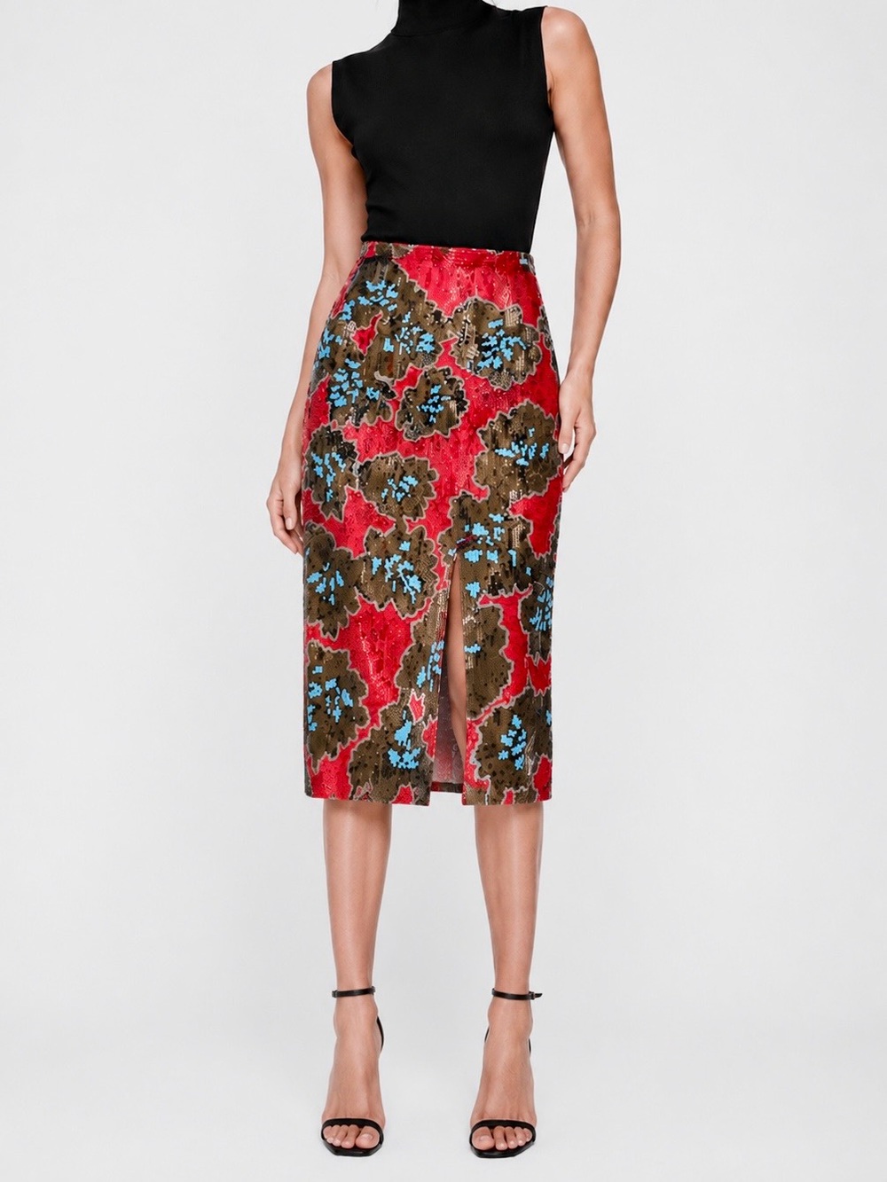 J. CREW Sequin Red & Blue Floral Pencil Skirt